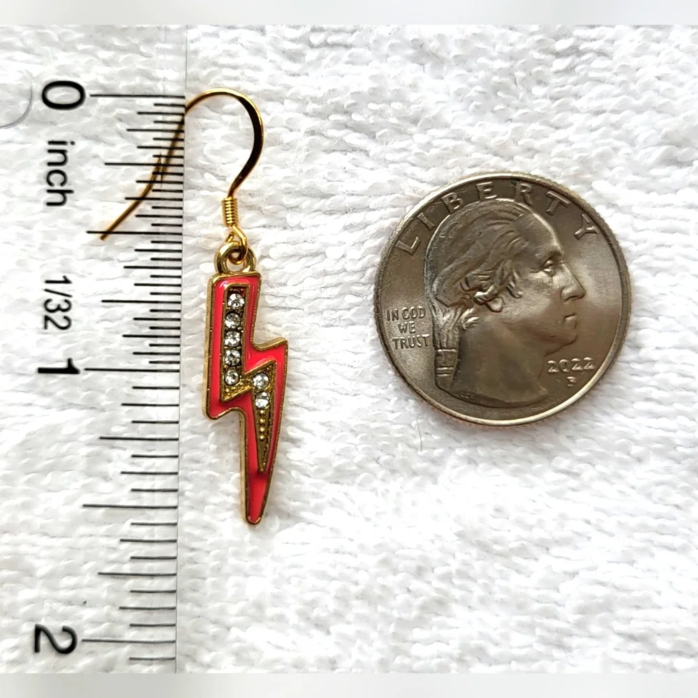 Hot Pink and Rhinestone Lightning Bolt Statement Dangle Earrings / Pierced